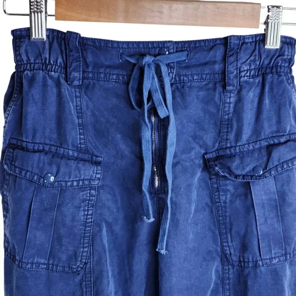 Zara Cropped Cargo Pants Womens Size Small Blue Lyocell Linen‎ Blend Altered Hem